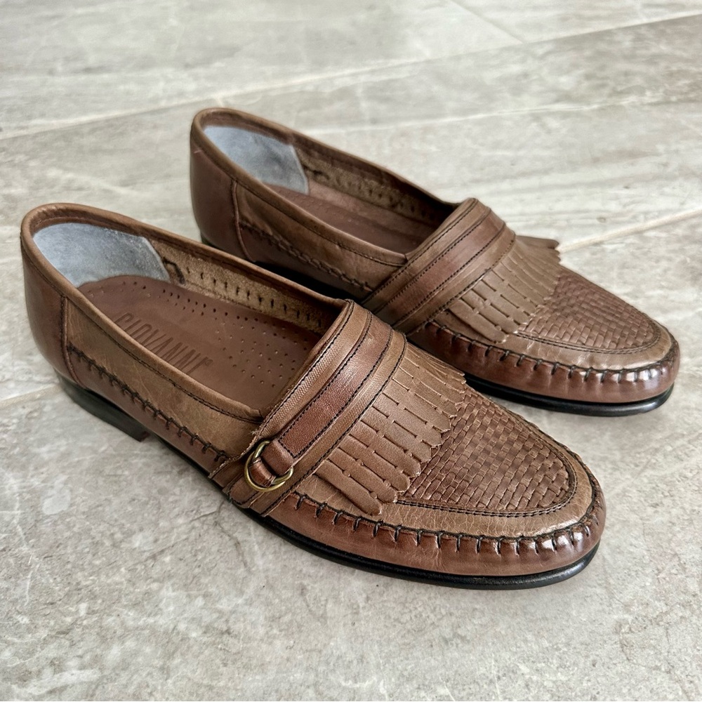 Giovanni Men’s Brown Woven Leather Loafers w/Fringe Size 7.5 – Made in Brazil
